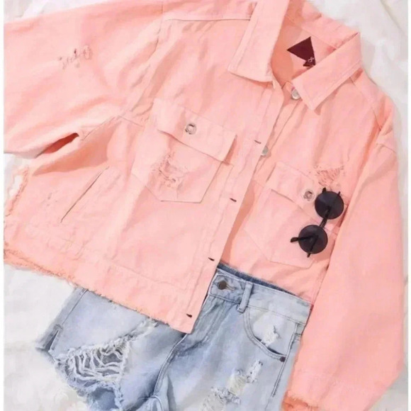 PEACH Distressed Button Down Denim Jacket - Picture 2 of 6